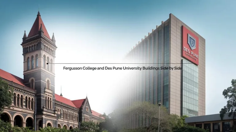 Classic Fergusson College gothic building beside modern DES Pune University structure