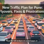 Illustration showing Pune traffic problem and missing link road solution with infographic arrows.