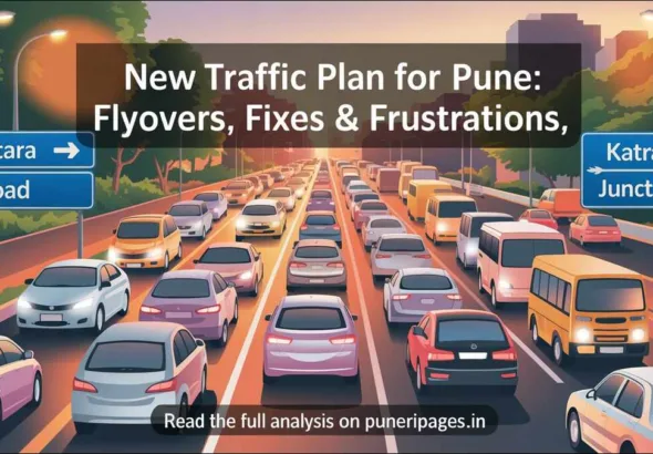 Illustration showing Pune traffic problem and missing link road solution with infographic arrows.