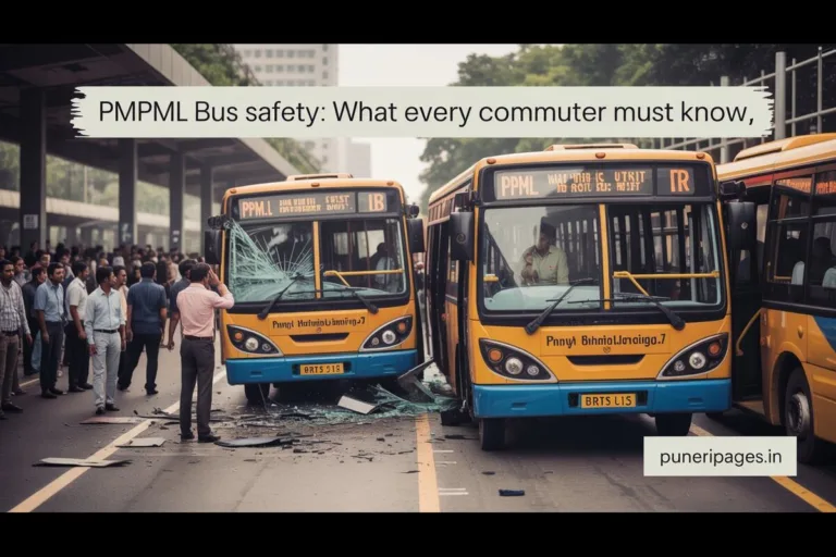 "PMPML bus crash in Pune with emergency response and commuters observing the accident scene"