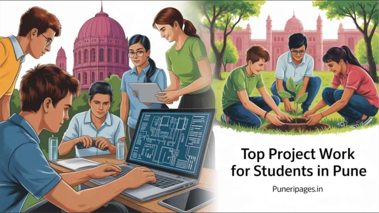 Students in Pune engaged in technical and volunteering projects, with text "Top Project Work for Students in Pune" and puneripages.in visible.