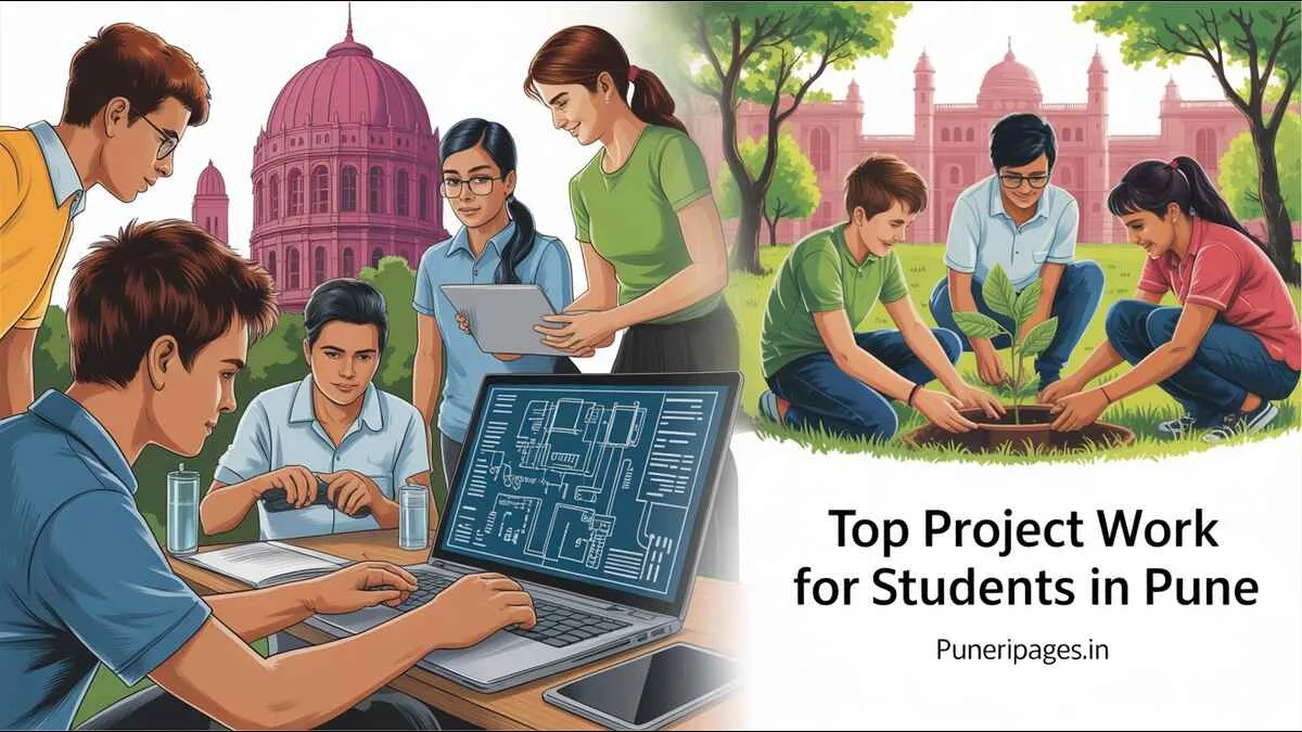Students in Pune engaged in technical and volunteering projects, with text "Top Project Work for Students in Pune" and puneripages.in visible.