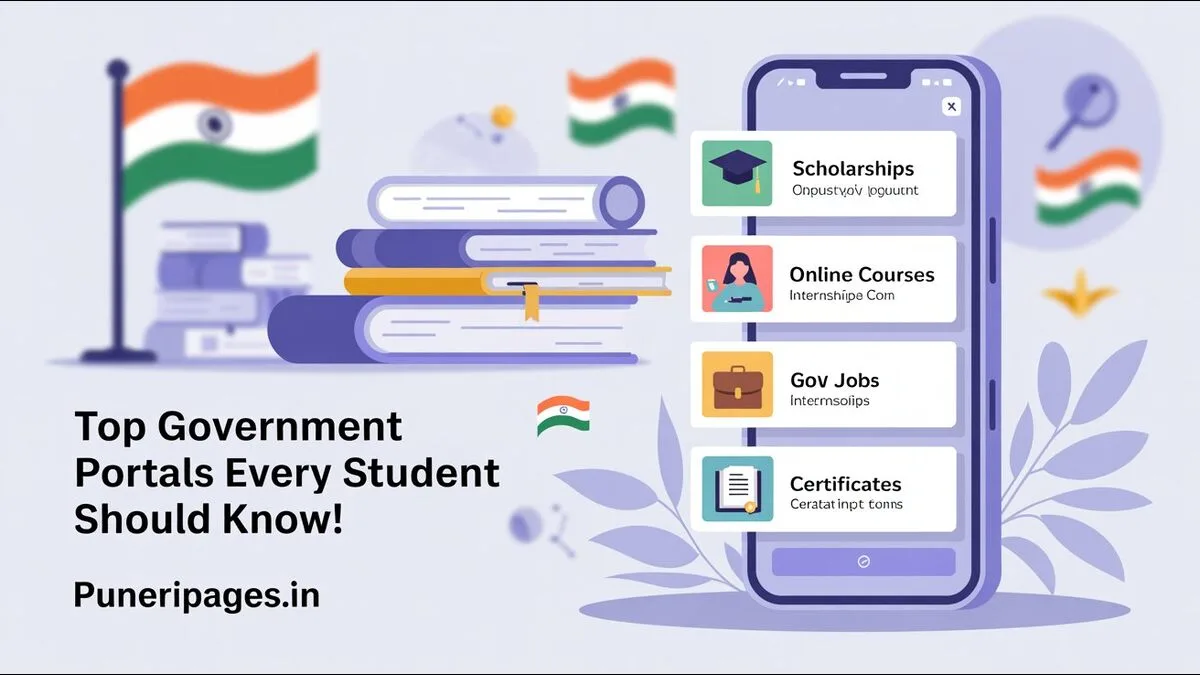 Illustration showing digital devices and icons for scholarships, courses, jobs, and government portals with headline text: "Top Government Portals Every Student Should Know!"