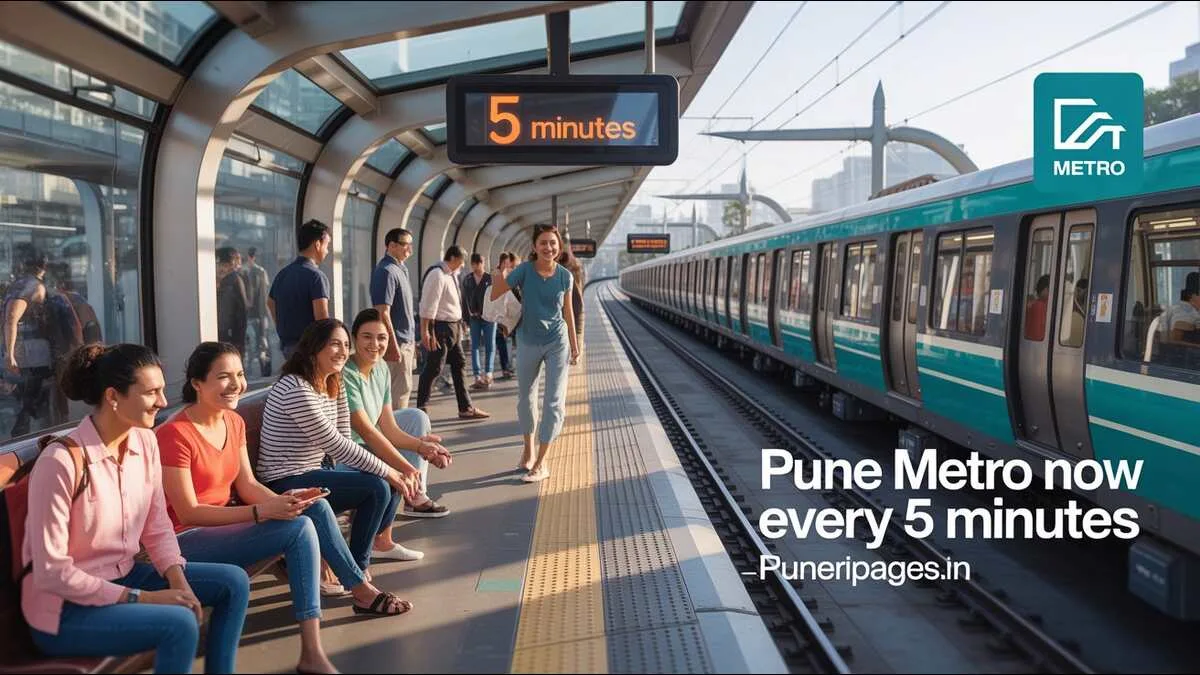 Pune Metro platform with train arrival countdown timer set to 5 minutes and passengers boarding