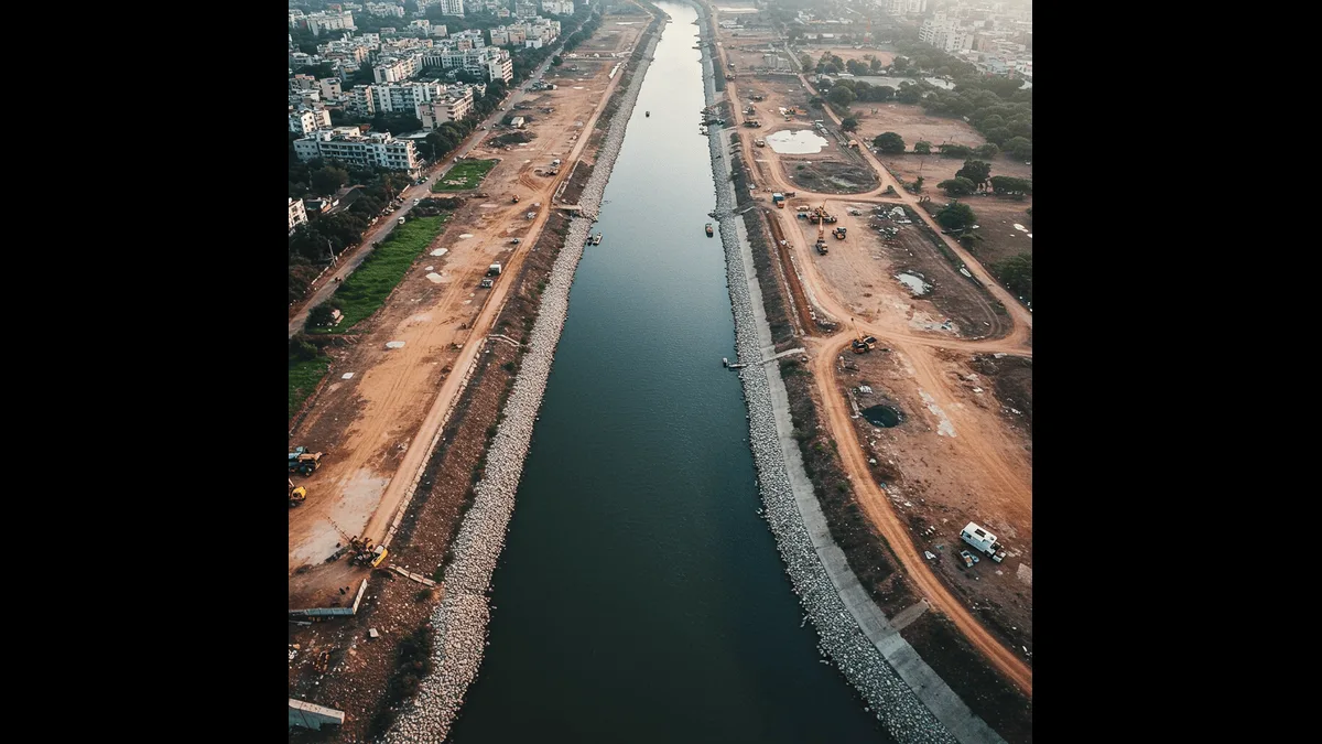 Riverfront development construction site along the Mula-Mutha river in Pune