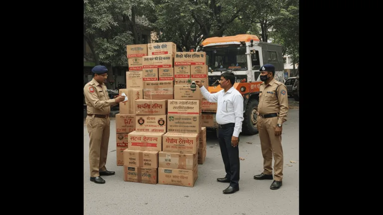 Excise officers inspecting seized liquor boxes in Saswad