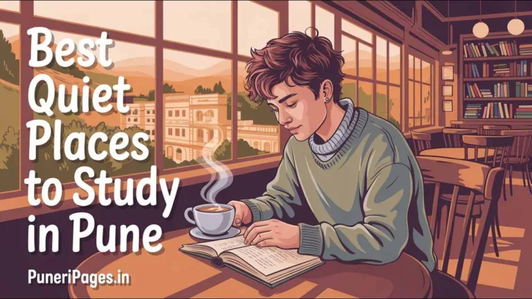Student studying quietly in a peaceful Pune book cafe with soft lighting, bookshelves, and Pune elements.