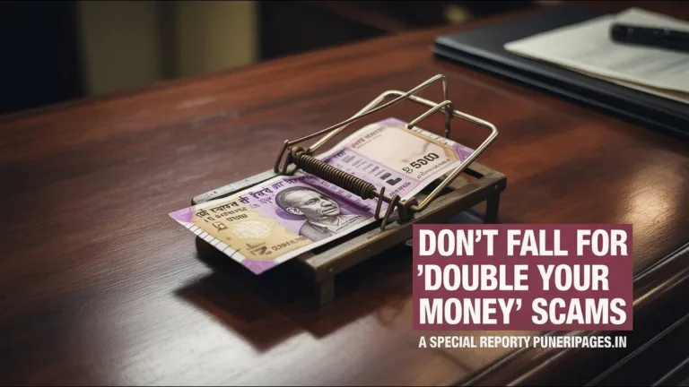 A mousetrap with a fake-looking ₹500 note symbolizing a financial scam, set on a dark desk background with warning text overlay.