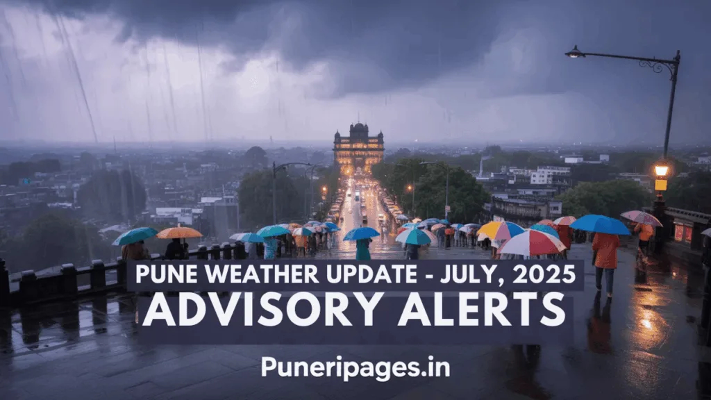 Pune city experiencing heavy monsoon rainfall in july, 2025, with citizens navigating through the downpour.