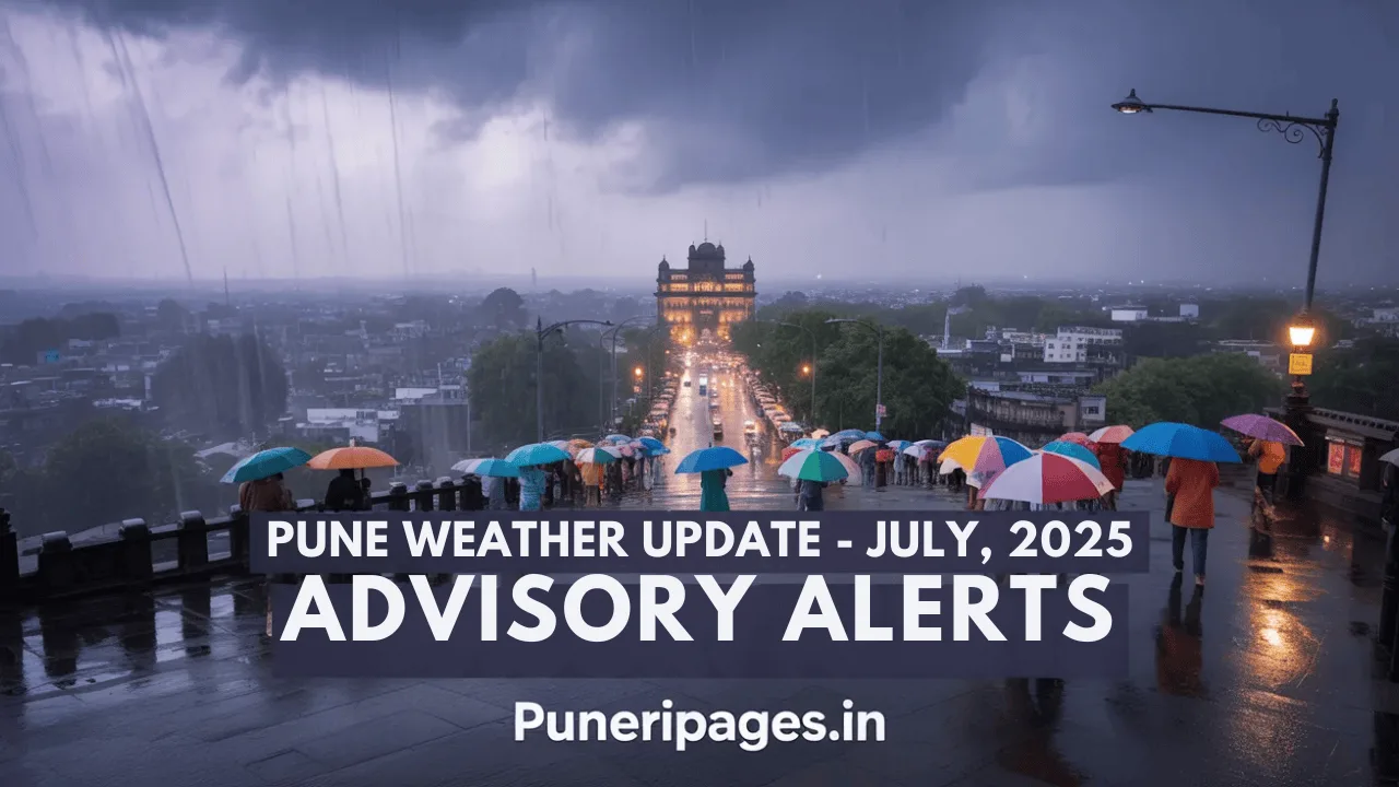 Pune city experiencing heavy monsoon rainfall in july, 2025, with citizens navigating through the downpour.