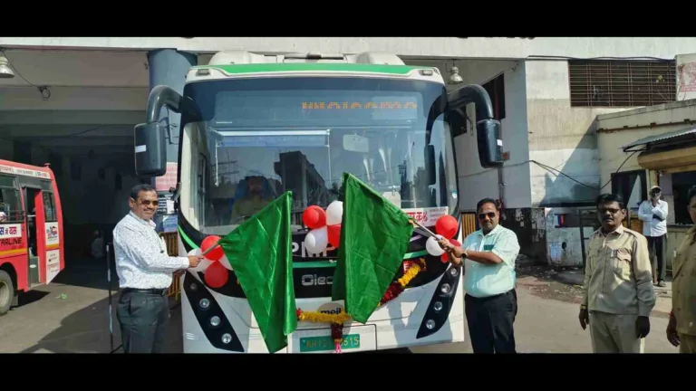 PCMC BRTS bus on dedicated corridor with commuters boarding and large text saying "Now Every 90 Seconds!"