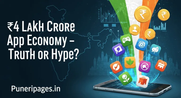 Illustration of a smartphone with apps transforming into rupee symbols and charts, suggesting India's growing app economy, with overlaid text: ₹4 Lakh Crore App Economy – Truth or Hype?