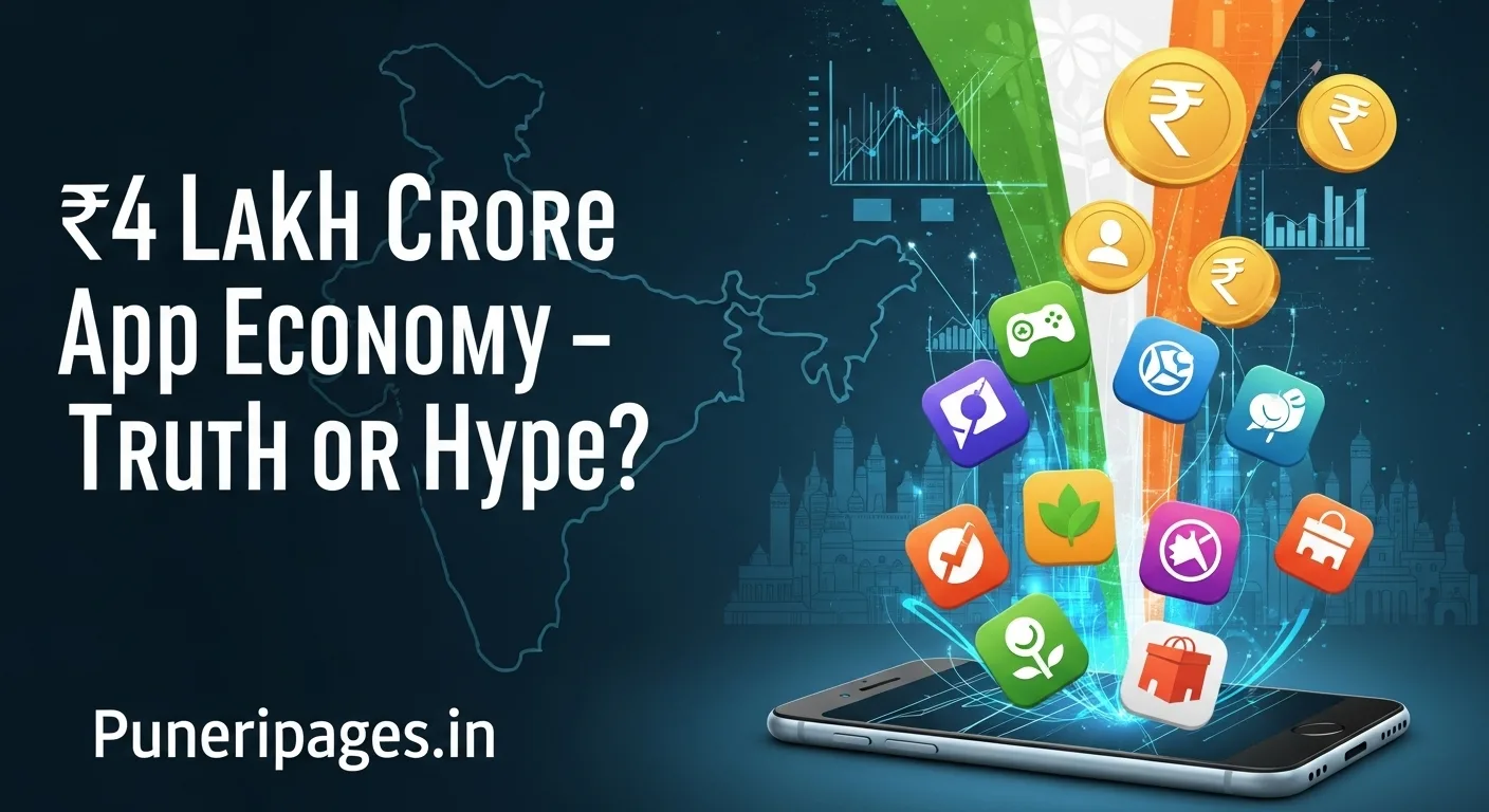 Illustration of a smartphone with apps transforming into rupee symbols and charts, suggesting India's growing app economy, with overlaid text: ₹4 Lakh Crore App Economy – Truth or Hype?
