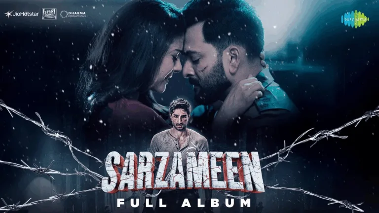 Ibrahim Ali Khan on a film set during his Bollywood debut Sarzameen, with spotlight and co-stars in the background
