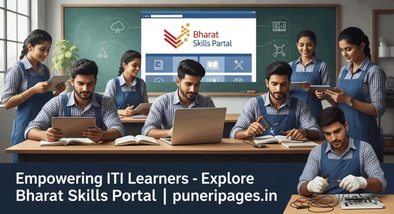Indian ITI students using digital devices and tools in a modern vocational training setup with "Bharat Skills Portal" branding