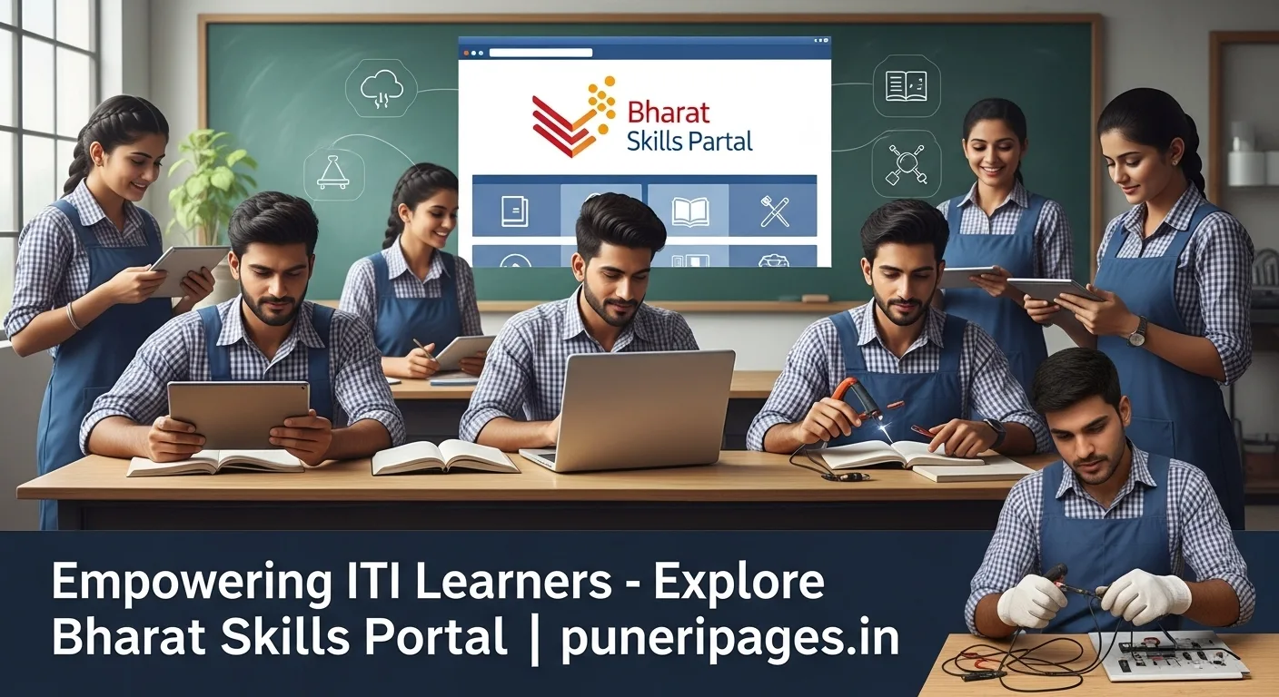 Indian ITI students using digital devices and tools in a modern vocational training setup with "Bharat Skills Portal" branding