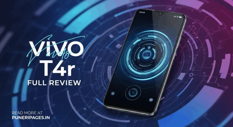 Close-up of Vivo T4r smartphone on a futuristic blue-purple tech background with review text overlay and puneripages.in branding.