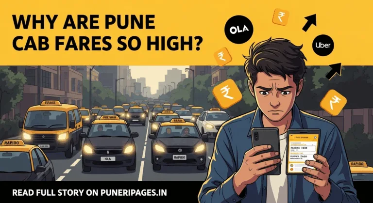 "Illustration of Pune traffic with Ola, Uber, and Rapido cabs showing high fares on a phone screen"