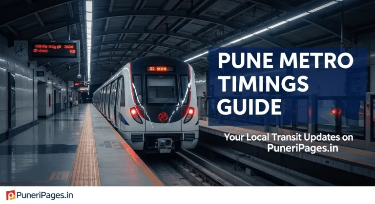 Modern Pune Metro train arriving at a city station platform with digital clock, showcasing daily schedule and timings.