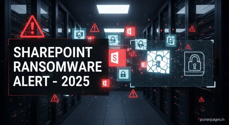 SharePoint ransomware attack alert 2025 with server and lock visuals