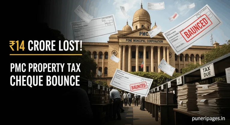 Pune Municipal Corporation office with bounced cheques and tax scam visuals