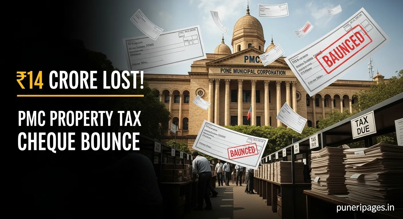 Pune Municipal Corporation office with bounced cheques and tax scam visuals