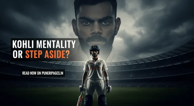 Split image of Shubman Gill and Virat Kohli in dramatic lighting with cricket stadium in background and headline text overlay.