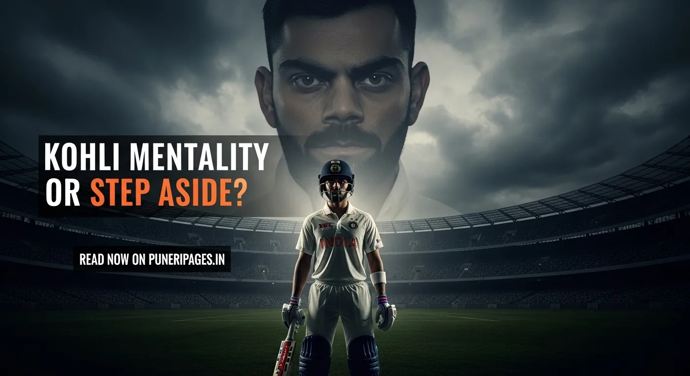 Split image of Shubman Gill and Virat Kohli in dramatic lighting with cricket stadium in background and headline text overlay.