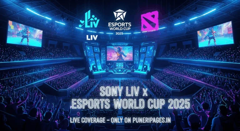 Futuristic esports stadium with Sony LIV and Esports World Cup 2025 logos and gamers watching live match coverage.