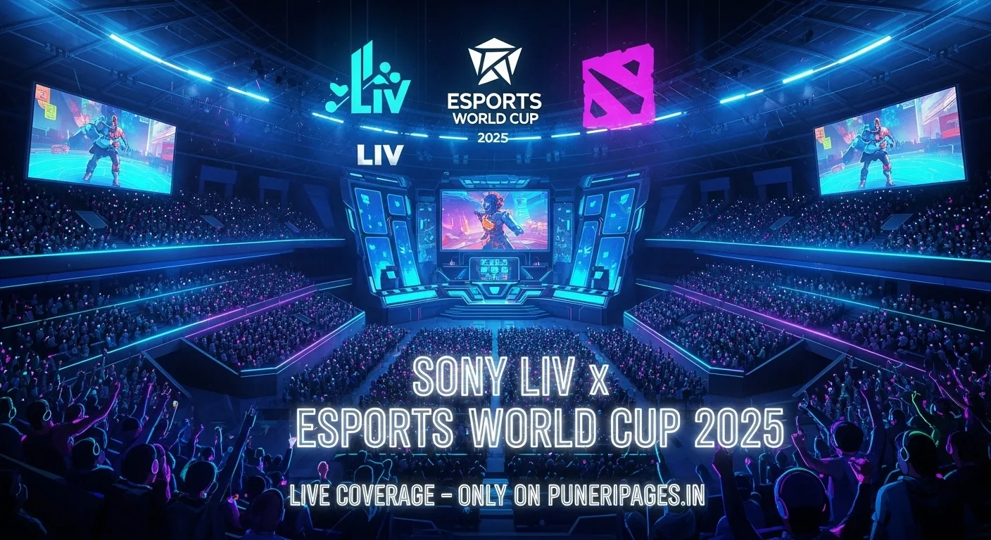 Futuristic esports stadium with Sony LIV and Esports World Cup 2025 logos and gamers watching live match coverage.