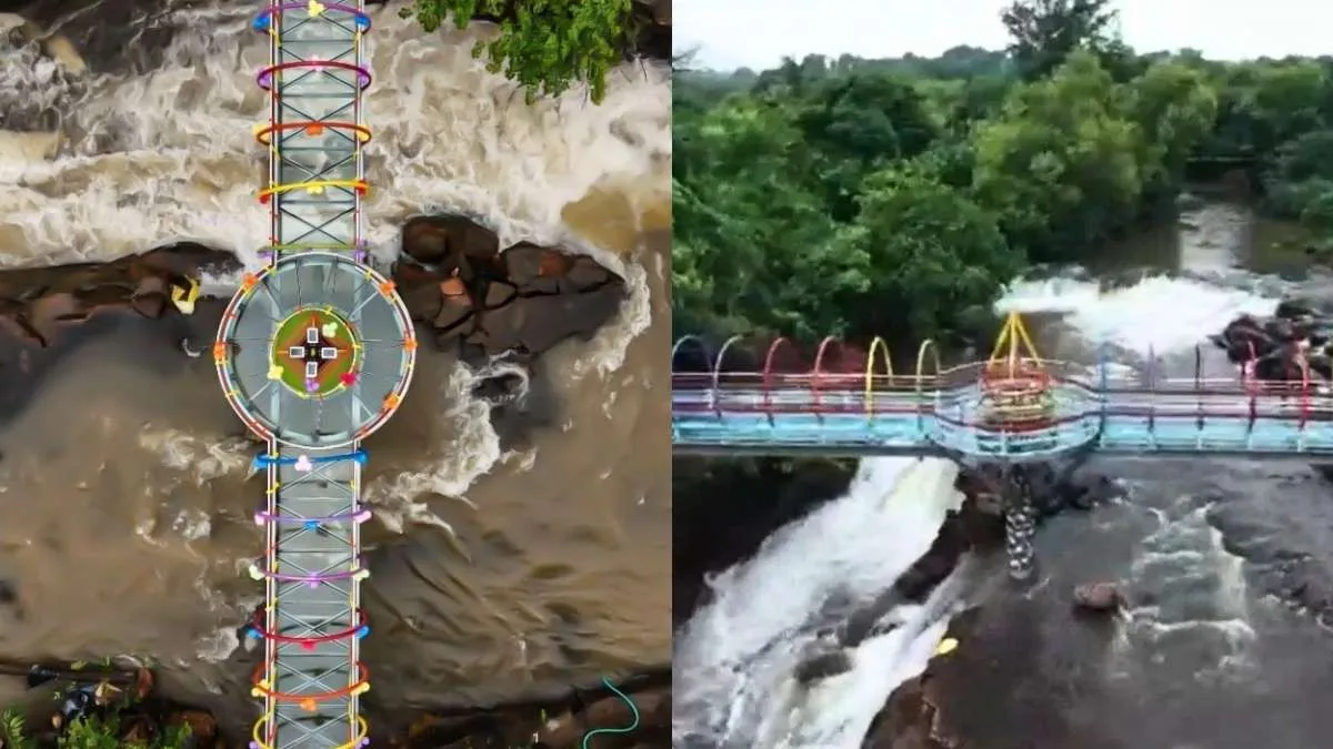 Napne Waterfall Glass Bridge during monsoon with lush greenery