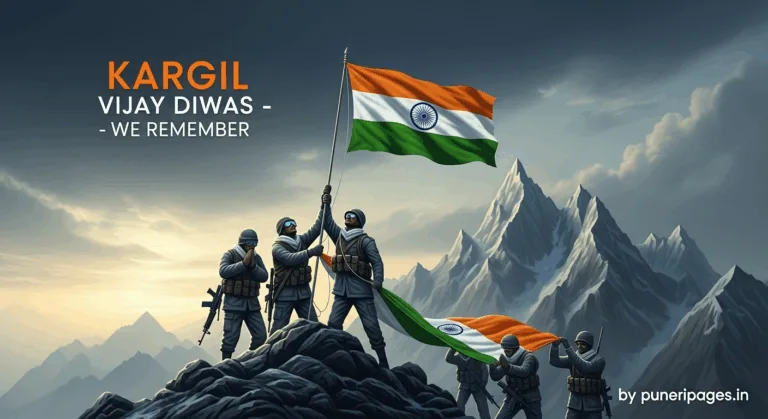 Indian soldier on mountain at sunrise with flag, honouring Kargil Vijay Diwas.
