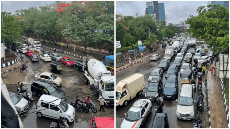 Heavy evening traffic jam on Baner-Balewadi road in Pune with cars lined up, cloudy sky above, and visible frustration on commuters' faces.
