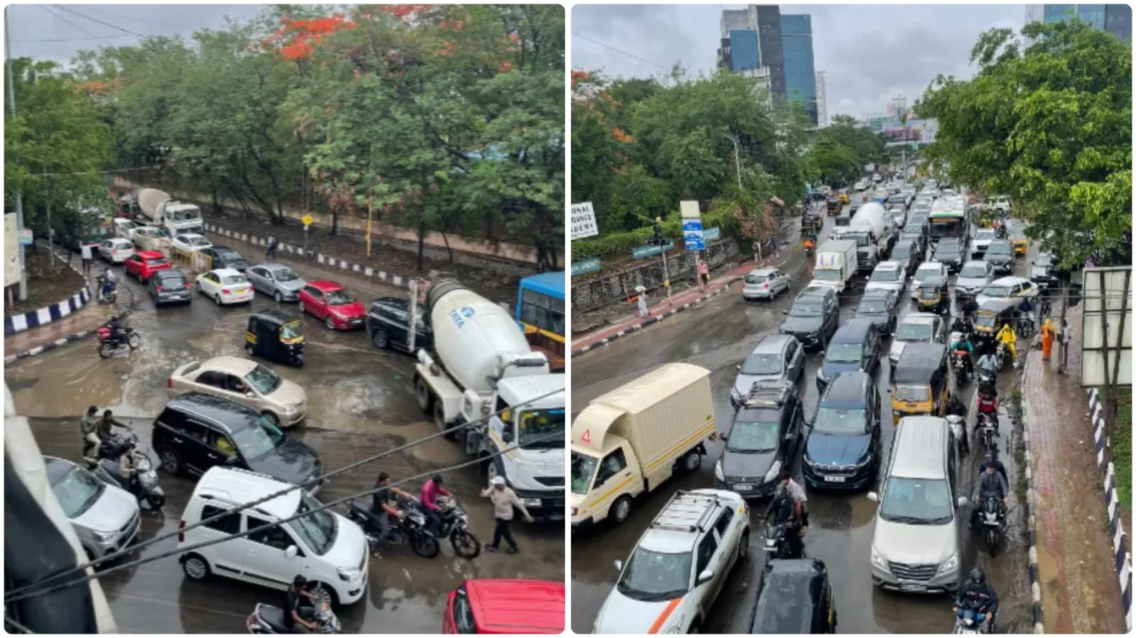 Heavy evening traffic jam on Baner-Balewadi road in Pune with cars lined up, cloudy sky above, and visible frustration on commuters' faces.