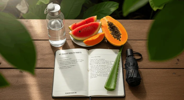 A calm August morning with a water bottle, seasonal fruits, journal, and an umbrella on a table - representing a mindful and healthy lifestyle. Text overlay: "My August Health Habits | puneripages.in"