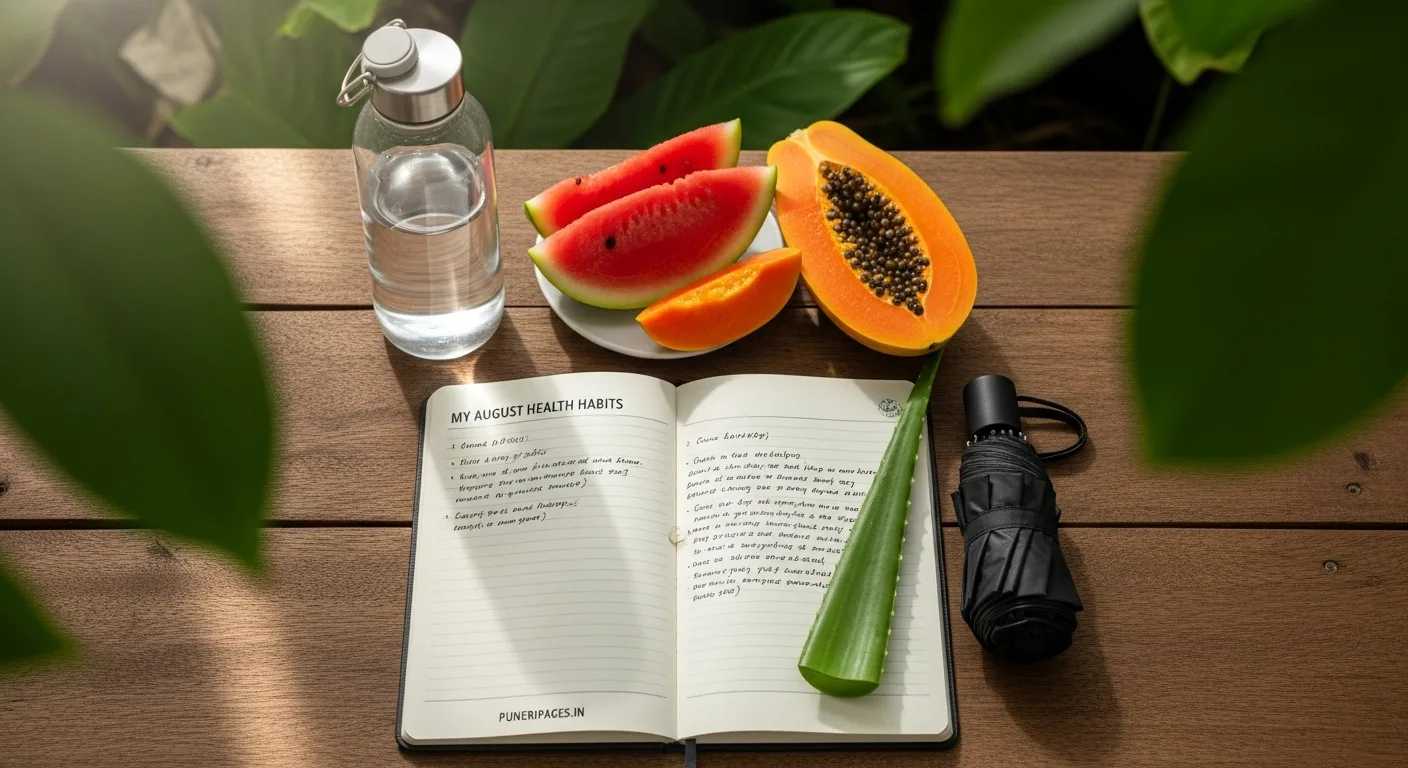 A calm August morning with a water bottle, seasonal fruits, journal, and an umbrella on a table - representing a mindful and healthy lifestyle. Text overlay: "My August Health Habits | puneripages.in"