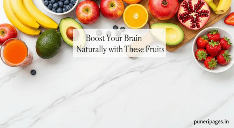 Fresh fruits that boost brain health like blueberries, bananas, and avocados on a marble table
