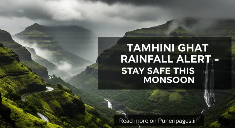 Scenic image of Tamhini Ghat with heavy rain, waterfalls, and text highlighting a rainfall alert.