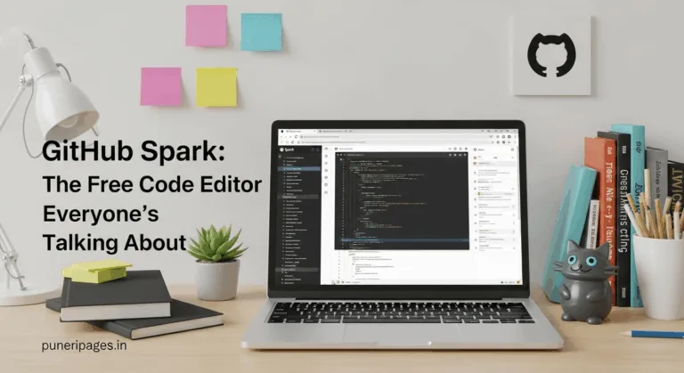 GitHub Spark open on a laptop screen with vibrant code interface, surrounded by a creative workspace.