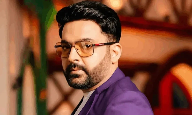 Kapil Sharma looking confused on a stage with a glitchy Netflix logo and social media icons in the background, symbolizing controversy.