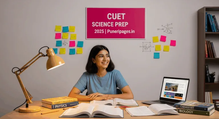 A relaxed student preparing for CUET Science 2025 with books and notes at study table.