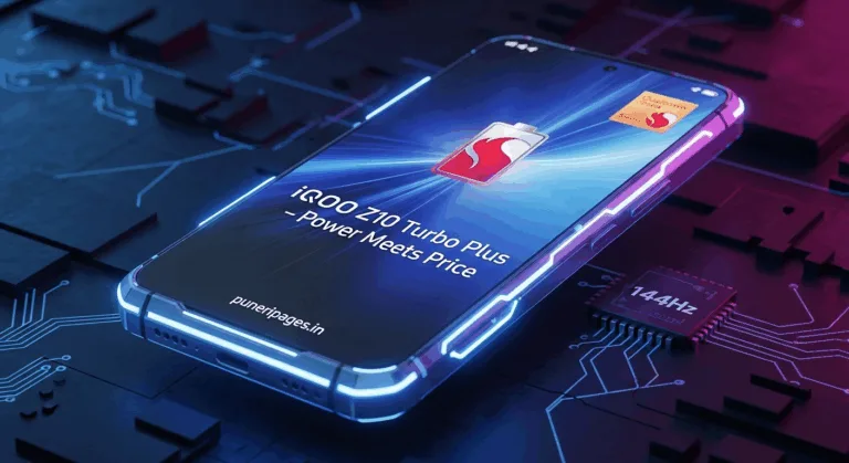 Image of the iQOO Z10 Turbo Plus smartphone with AMOLED display and futuristic tech background