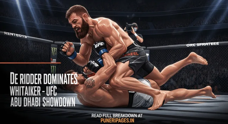 Reinier de Ridder controlling Robert Whittaker on the ground in a dominant grappling position during their UFC Abu Dhabi fight.