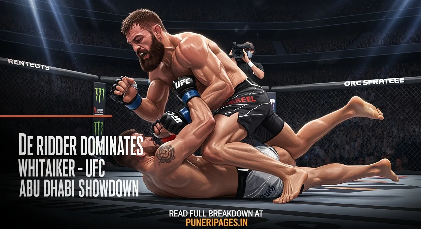 Reinier de Ridder controlling Robert Whittaker on the ground in a dominant grappling position during their UFC Abu Dhabi fight.