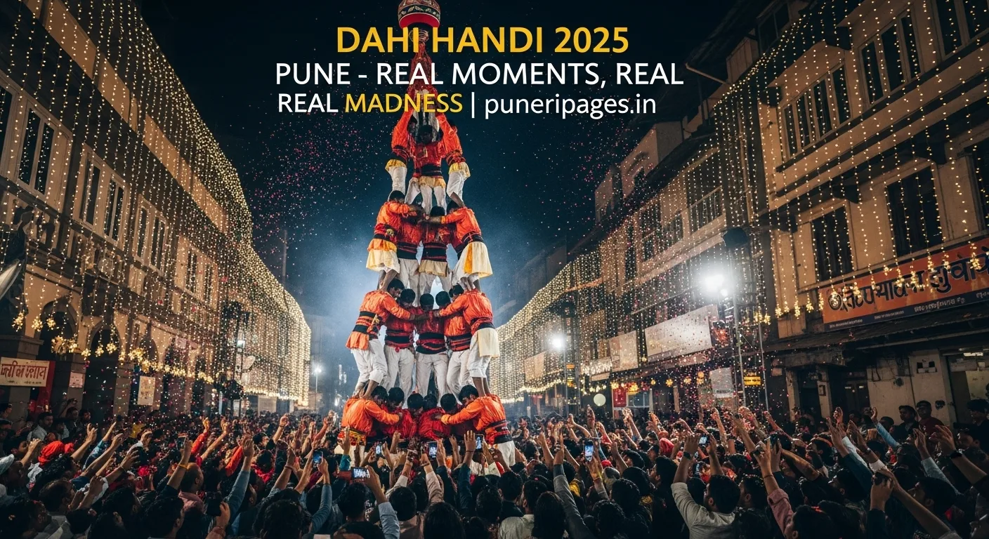 Govinda team forming human pyramid during Dahi Handi 2025 celebration in Pune with festive crowd