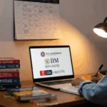 Student preparing for CAT 2025 with books, calendar, and laptop showing IIMs.