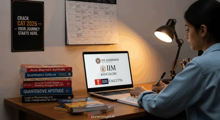 Student preparing for CAT 2025 with books, calendar, and laptop showing IIMs.