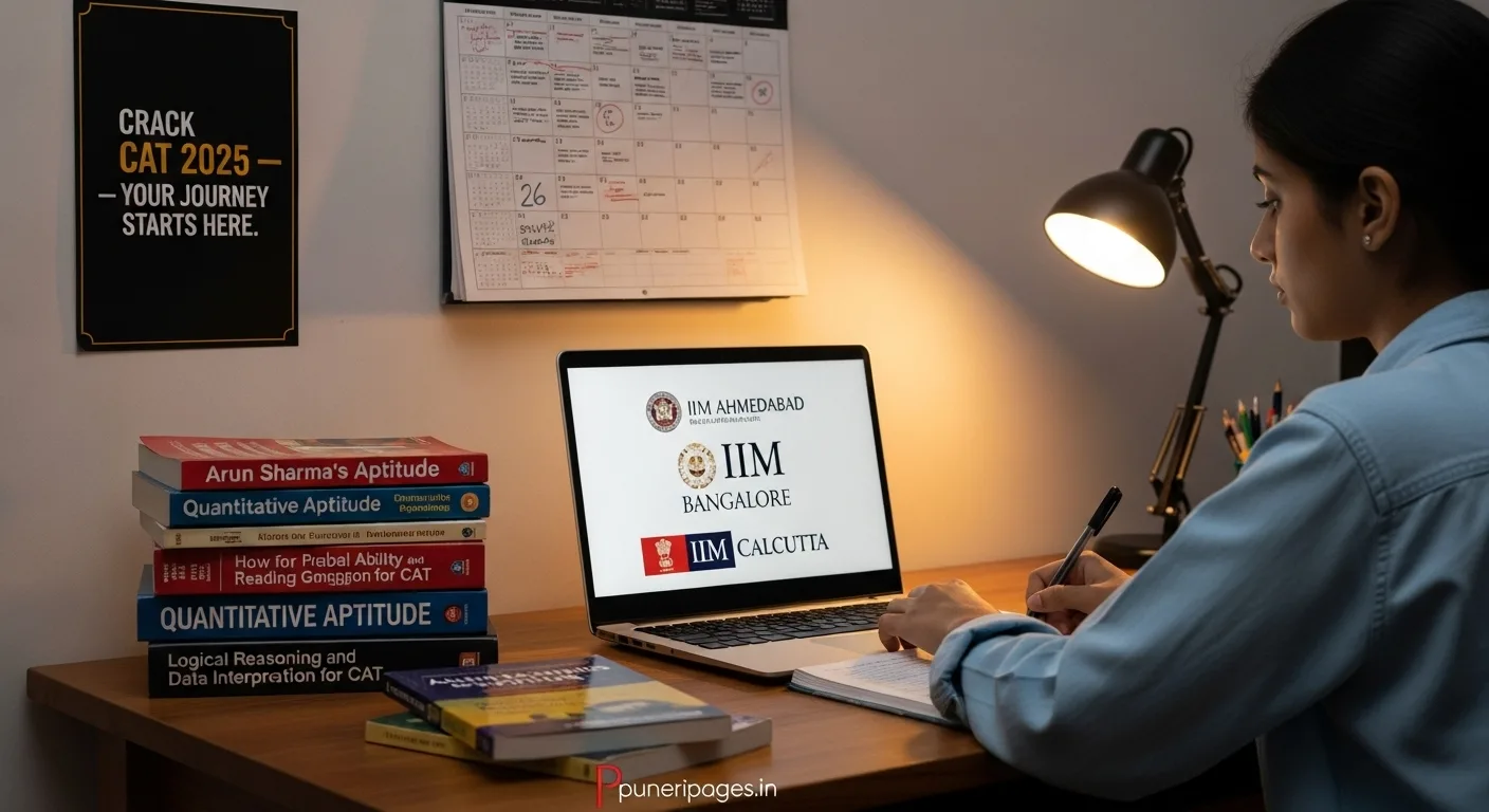 Student preparing for CAT 2025 with books, calendar, and laptop showing IIMs.