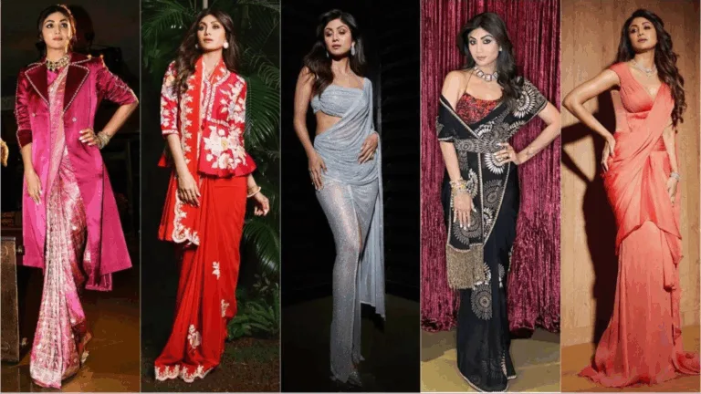 Shilpa Shetty wearing blush sequin saree with modern styling