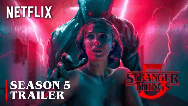 A dark Stranger Things-inspired scene featuring Eleven, the Upside Down, Hawkins, and a floating cracked clock.